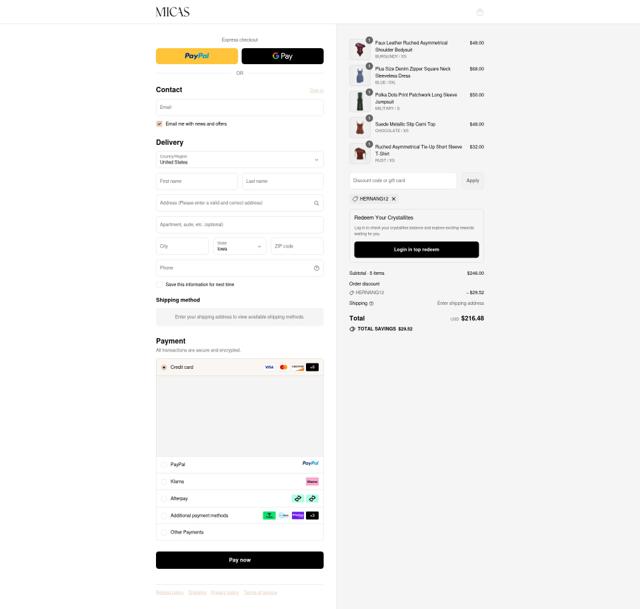 Micas checkout page showing Micas discount code box | Screenshot taken by SimplyCodes community member on Sep 14, 2025