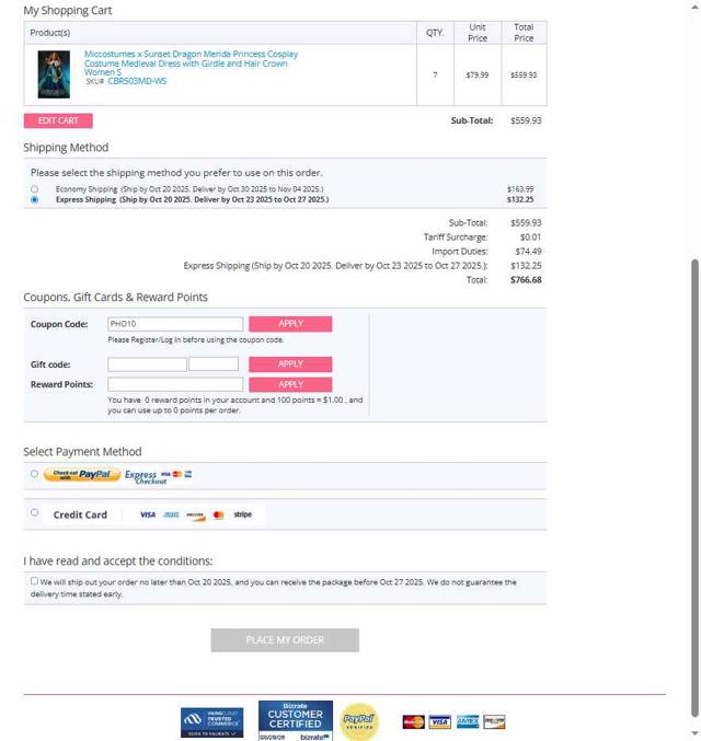 Miccostumes checkout page showing Miccostumes coupon code box | Screenshot taken by SimplyCodes community member on Sep 1, 2025