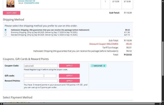 Miccostumes checkout page showing Miccostumes coupon code box | Screenshot taken by SimplyCodes community member on Sep 5, 2025