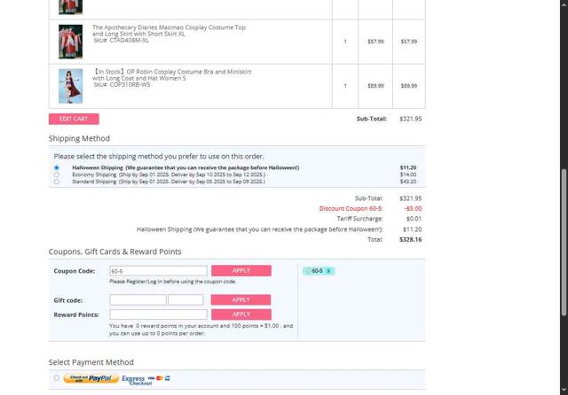 Miccostumes checkout page showing Miccostumes coupon code box | Screenshot taken by SimplyCodes community member on Aug 30, 2025