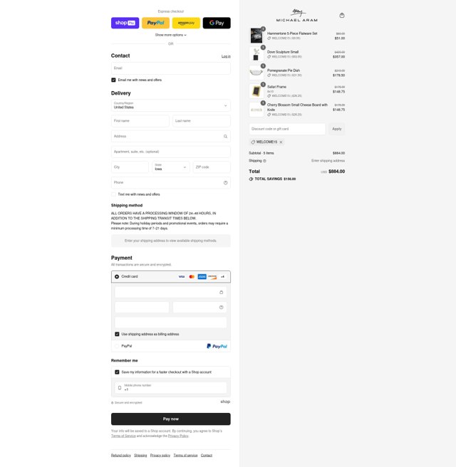 Michael Aram checkout page showing Michael Aram discount code box | Screenshot taken by SimplyCodes community member on Jul 26, 2025