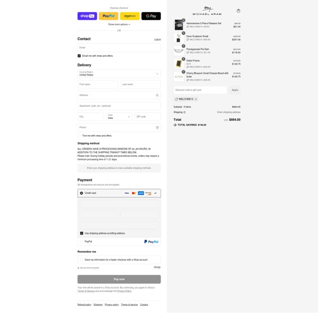 Michael Aram checkout page showing Michael Aram discount code box | Screenshot taken by SimplyCodes community member on Jul 28, 2025