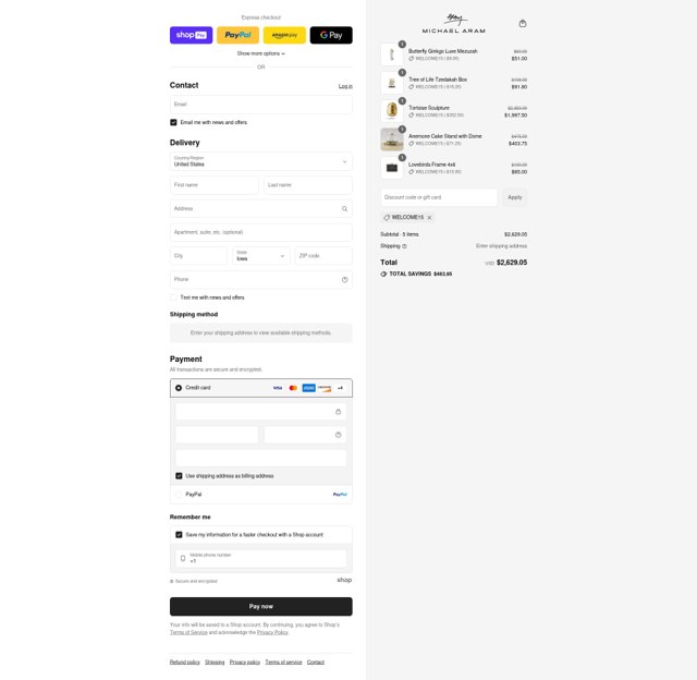 Michael Aram checkout page showing Michael Aram discount code box | Screenshot taken by SimplyCodes community member on Aug 25, 2025