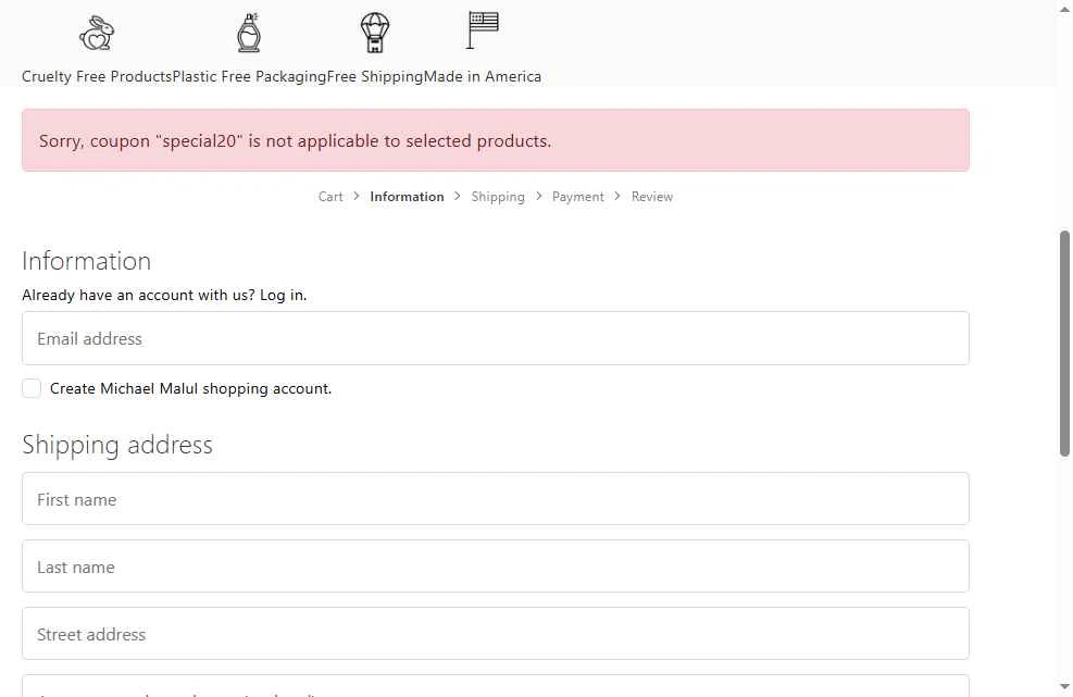 Michael Malul checkout page showing Michael Malul coupon code box | Screenshot taken by SimplyCodes community member on Jan 3, 2026