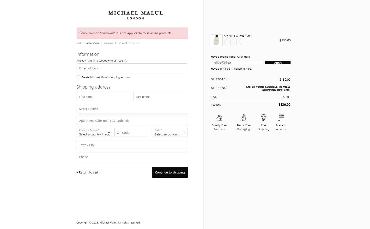 Michael Malul checkout page showing Michael Malul coupon code box | Screenshot taken by SimplyCodes community member on Dec 22, 2025