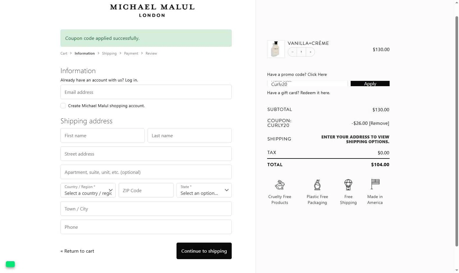 Michael Malul checkout page showing Michael Malul coupon code box | Screenshot taken by SimplyCodes community member on Nov 23, 2025