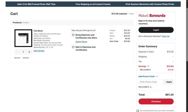 Michaels checkout page showing Michaels promo code box | Screenshot taken by SimplyCodes community member on Aug 18, 2025