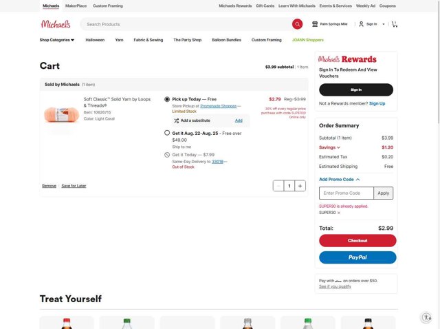 Michaels checkout page showing Michaels promo code box | Screenshot taken by SimplyCodes community member on Aug 19, 2025