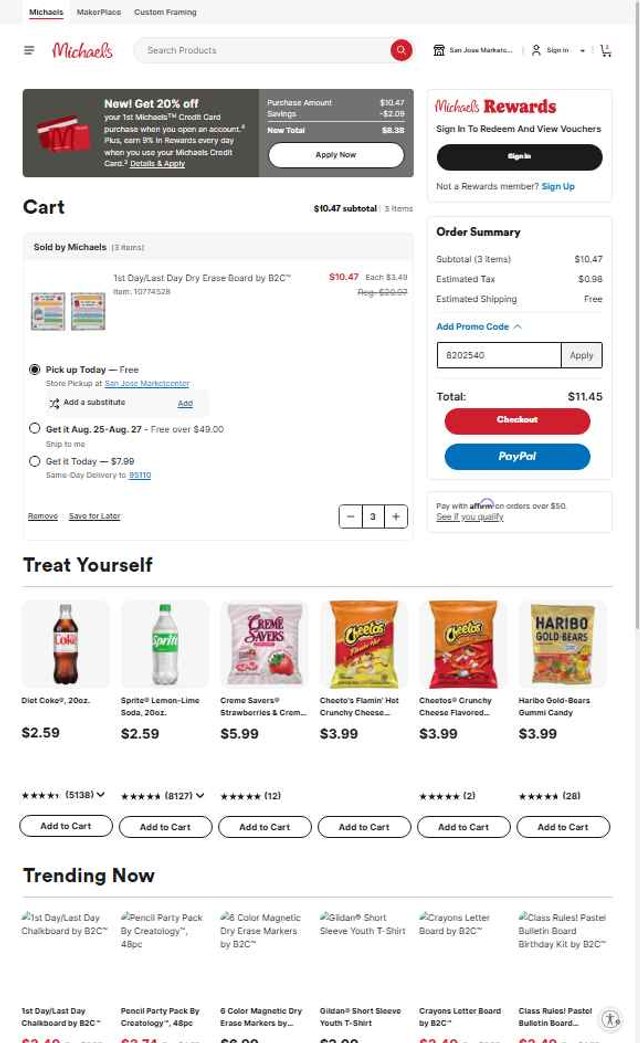 Michaels checkout page showing Michaels promo code box | Screenshot taken by SimplyCodes community member on Aug 22, 2025