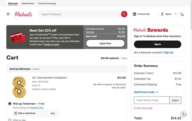 Michaels checkout page showing Michaels promo code box | Screenshot taken by SimplyCodes community member on Aug 26, 2025