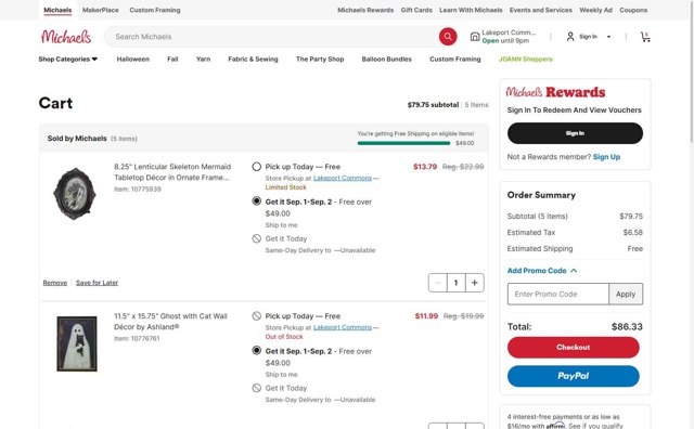 Michaels checkout page showing Michaels promo code box | Screenshot taken by SimplyCodes community member on Aug 28, 2025