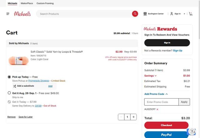 Michaels checkout page showing Michaels promo code box | Screenshot taken by SimplyCodes community member on Aug 25, 2025