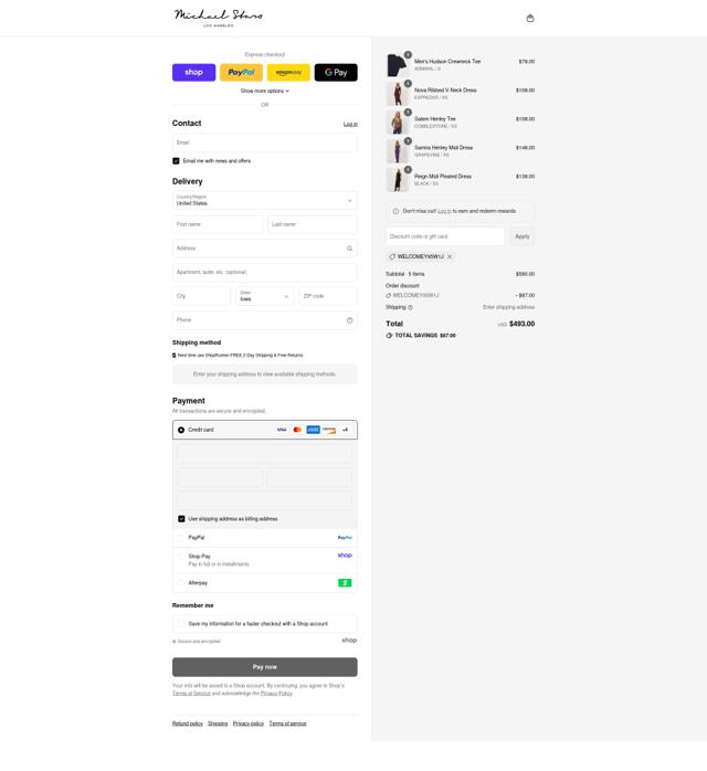 Michael Stars checkout page showing Michael Stars discount code box | Screenshot taken by SimplyCodes community member on Sep 6, 2025