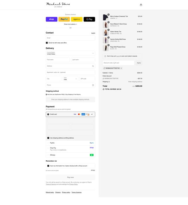 Michael Stars checkout page showing Michael Stars discount code box | Screenshot taken by SimplyCodes community member on Sep 6, 2025