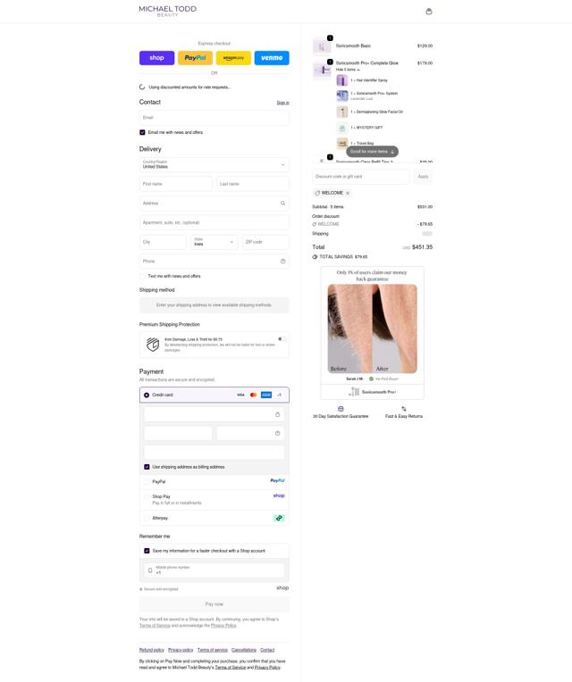 Michael Todd Cosmetics checkout page showing Michael Todd Cosmetics promo code box | Screenshot taken by SimplyCodes community member on Sep 23, 2025