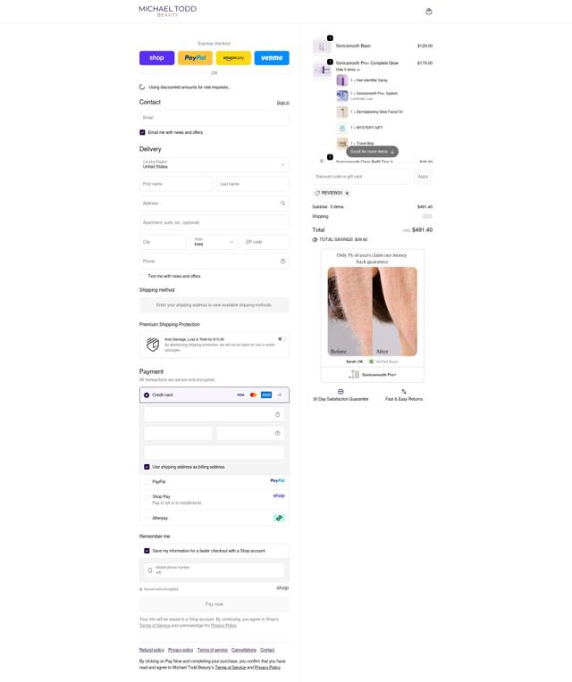 Michael Todd Cosmetics checkout page showing Michael Todd Cosmetics promo code box | Screenshot taken by SimplyCodes community member on Sep 23, 2025