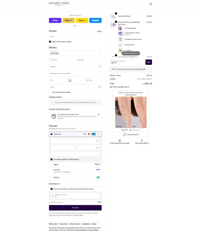 Michael Todd Cosmetics checkout page showing Michael Todd Cosmetics promo code box | Screenshot taken by SimplyCodes community member on Sep 23, 2025