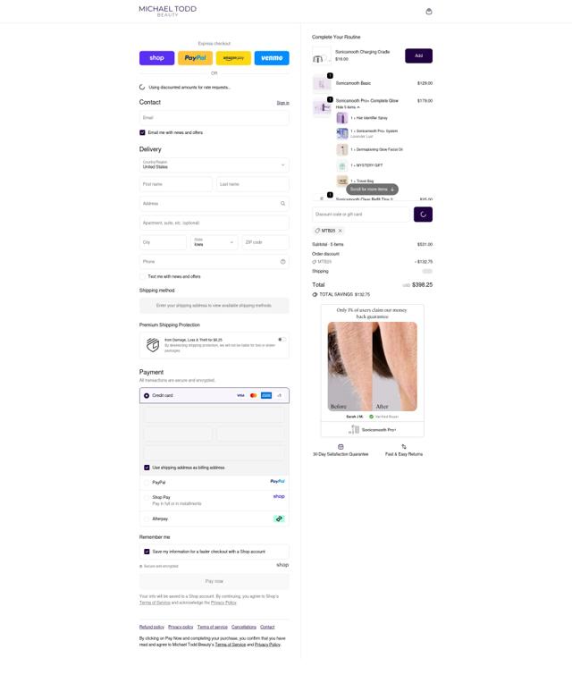 Michael Todd Cosmetics checkout page showing Michael Todd Cosmetics promo code box | Screenshot taken by SimplyCodes community member on Sep 18, 2025
