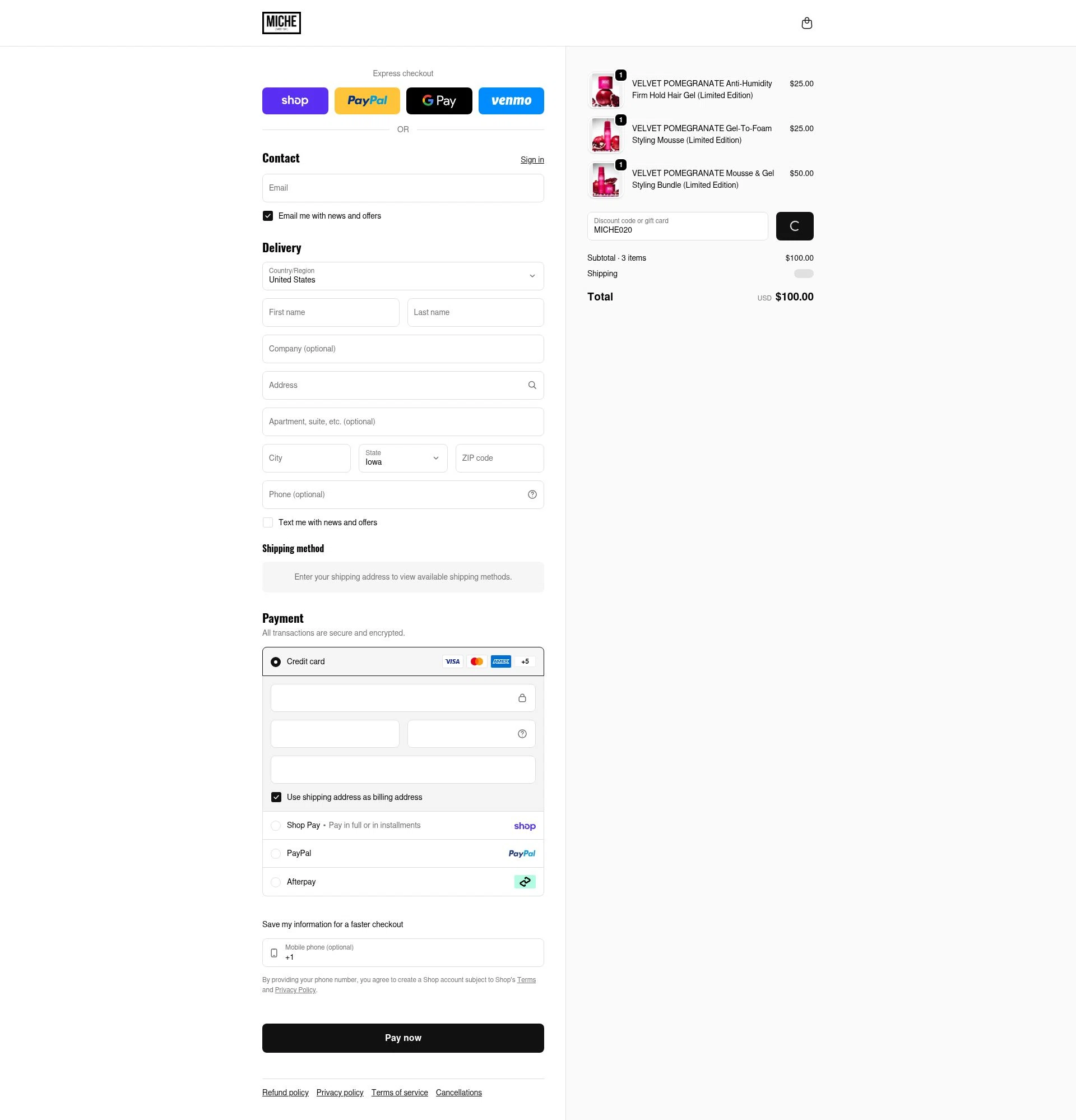 Miche Beauty checkout page showing Miche Beauty discount code box | Screenshot taken by SimplyCodes community member on Feb 13, 2026