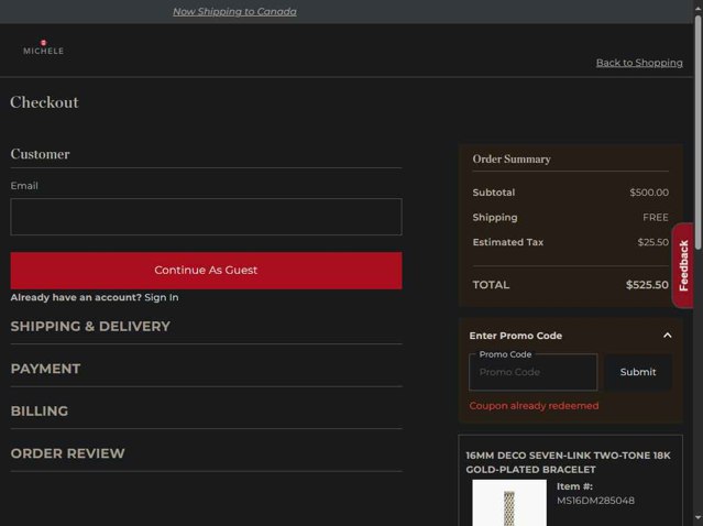 Michele checkout page showing Michele promo code box | Screenshot taken by SimplyCodes community member on Aug 14, 2025