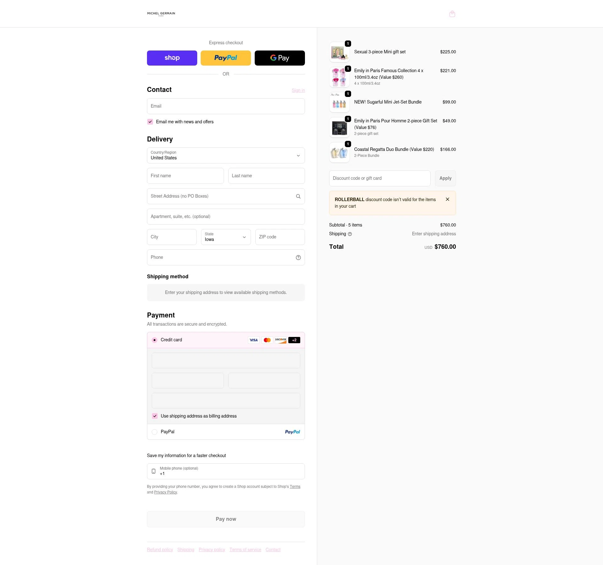 Michel Germain checkout page showing Michel Germain promo code box | Screenshot taken by SimplyCodes community member on Feb 22, 2026
