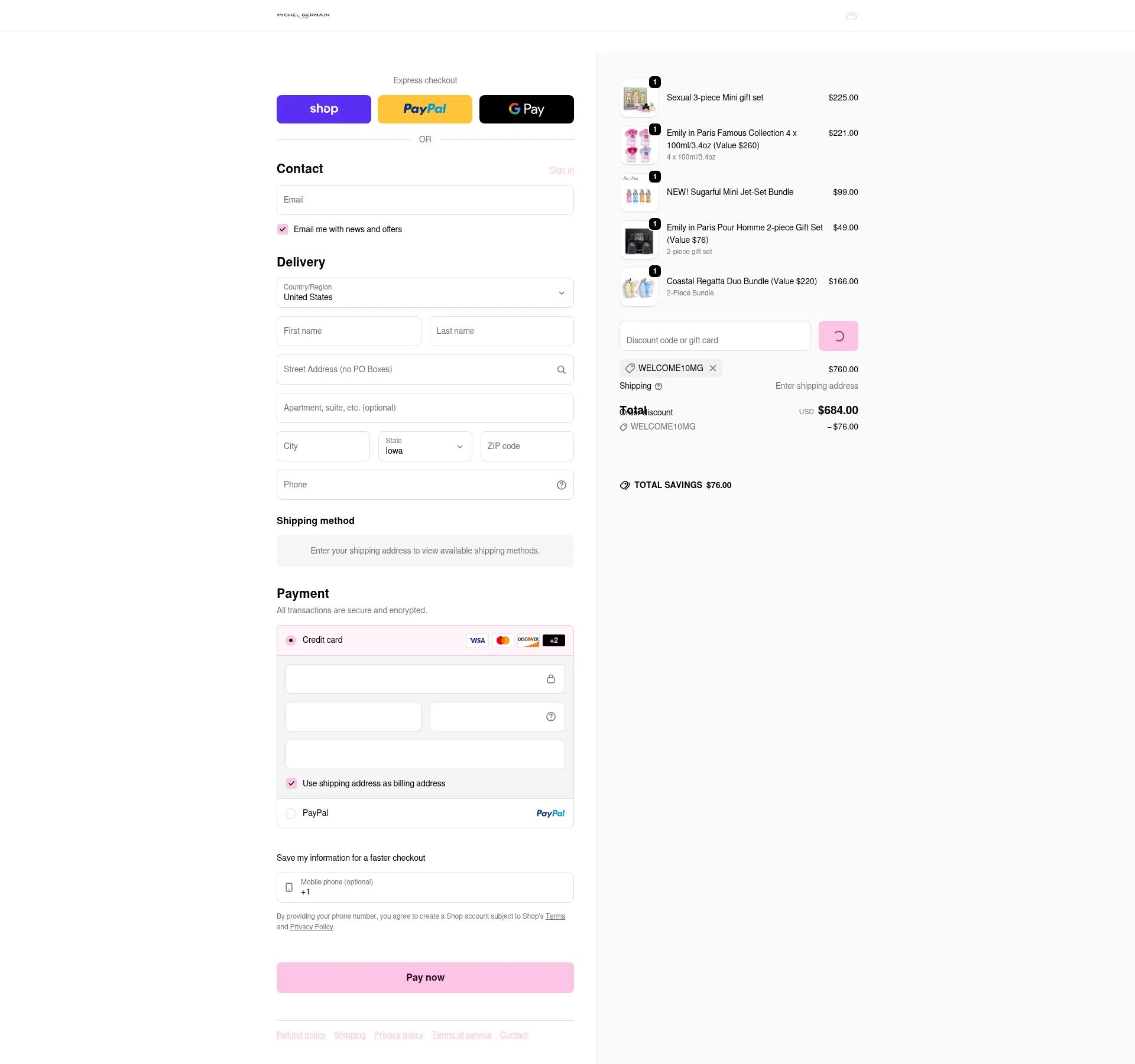 Michel Germain checkout page showing Michel Germain promo code box | Screenshot taken by SimplyCodes community member on Feb 27, 2026