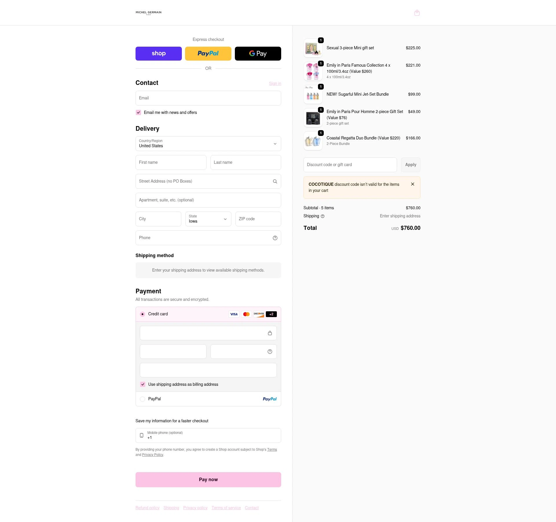 Michel Germain checkout page showing Michel Germain promo code box | Screenshot taken by SimplyCodes community member on Feb 27, 2026