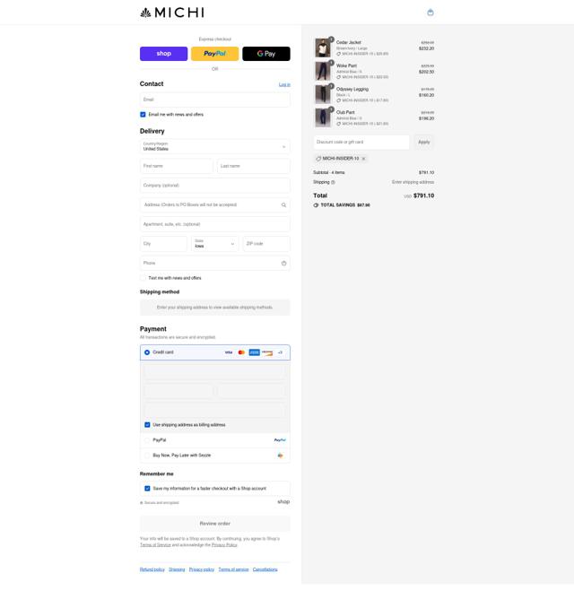 MICHI checkout page showing MICHI promo code box | Screenshot taken by SimplyCodes community member on Sep 4, 2025