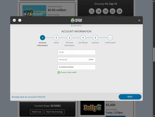 Michigan Lottery checkout page showing Michigan Lottery promo code box | Screenshot taken by SimplyCodes community member on Sep 13, 2025