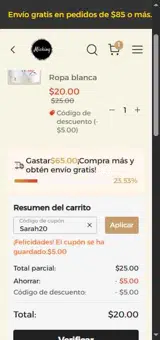 Sarah20 coupon verification screenshot