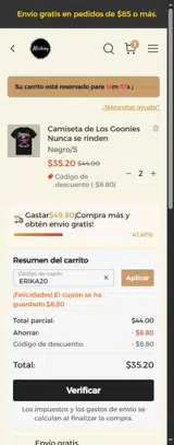 ERIKA20 coupon verification screenshot