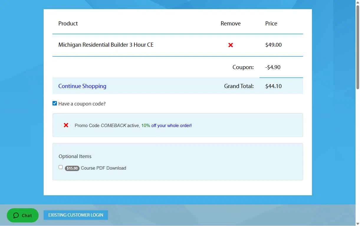 MIContractorTraining.com checkout page showing MIContractorTraining.com promo code box | Screenshot taken by SimplyCodes community member on Dec 4, 2025