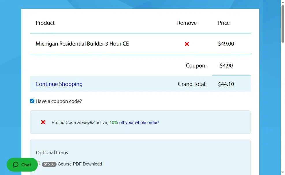 MIContractorTraining.com checkout page showing MIContractorTraining.com promo code box | Screenshot taken by SimplyCodes community member on Dec 5, 2025
