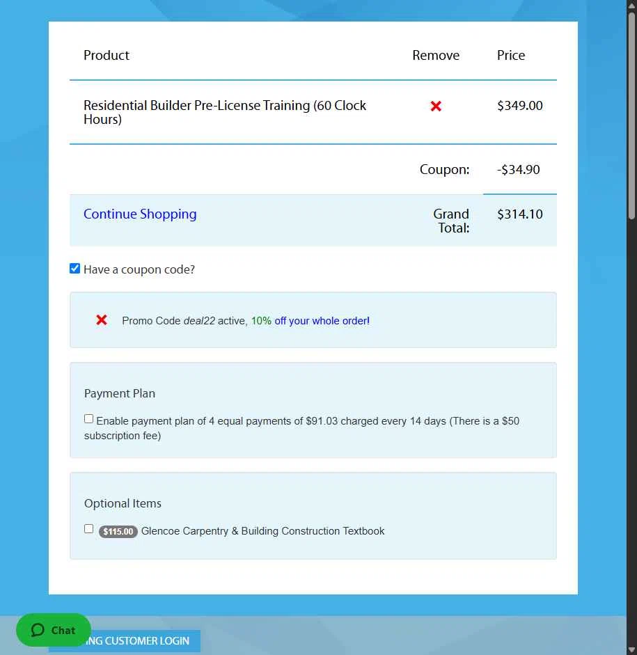MIContractorTraining.com checkout page showing MIContractorTraining.com promo code box | Screenshot taken by SimplyCodes community member on Jul 17, 2025