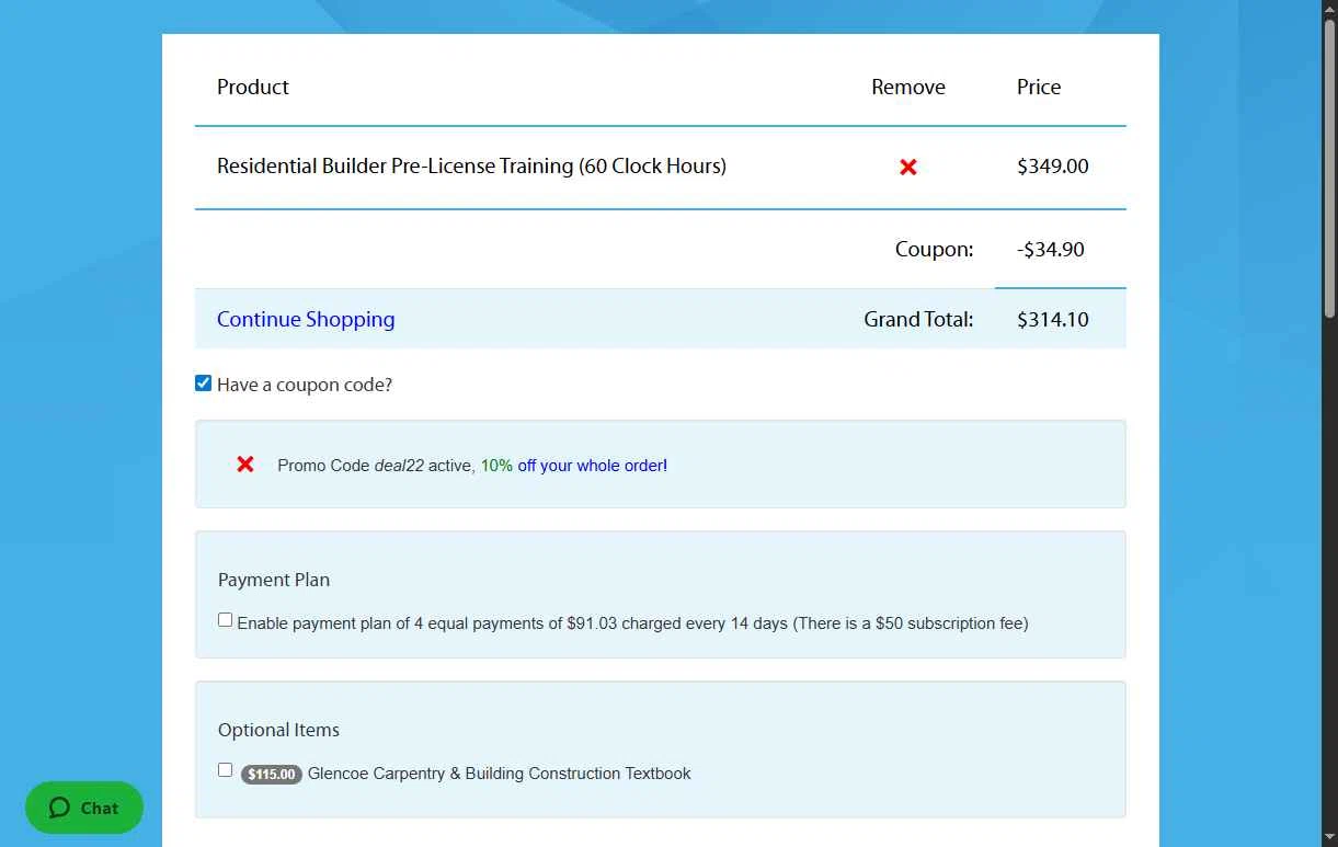 MIContractorTraining.com checkout page showing MIContractorTraining.com promo code box | Screenshot taken by SimplyCodes community member on Jul 17, 2025
