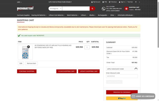 MicroBattery.com checkout page showing MicroBattery.com promo code box | Screenshot taken by SimplyCodes community member on Aug 4, 2025