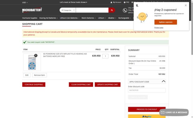 MicroBattery.com checkout page showing MicroBattery.com promo code box | Screenshot taken by SimplyCodes community member on Sep 5, 2025