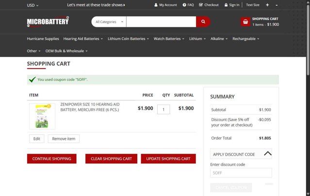 MicroBattery.com checkout page showing MicroBattery.com promo code box | Screenshot taken by SimplyCodes community member on May 16, 2025