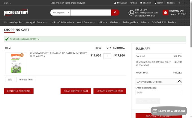 MicroBattery.com checkout page showing MicroBattery.com promo code box | Screenshot taken by SimplyCodes community member on May 16, 2025