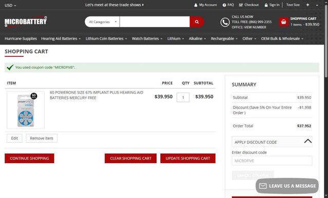 MicroBattery.com checkout page showing MicroBattery.com promo code box | Screenshot taken by SimplyCodes community member on May 19, 2025