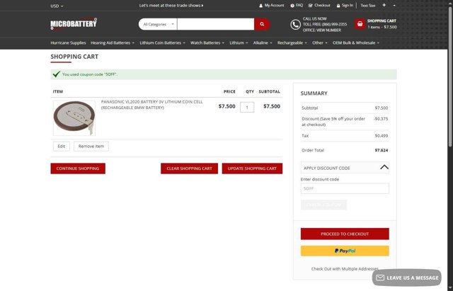 MicroBattery.com checkout page showing MicroBattery.com promo code box | Screenshot taken by SimplyCodes community member on May 16, 2025