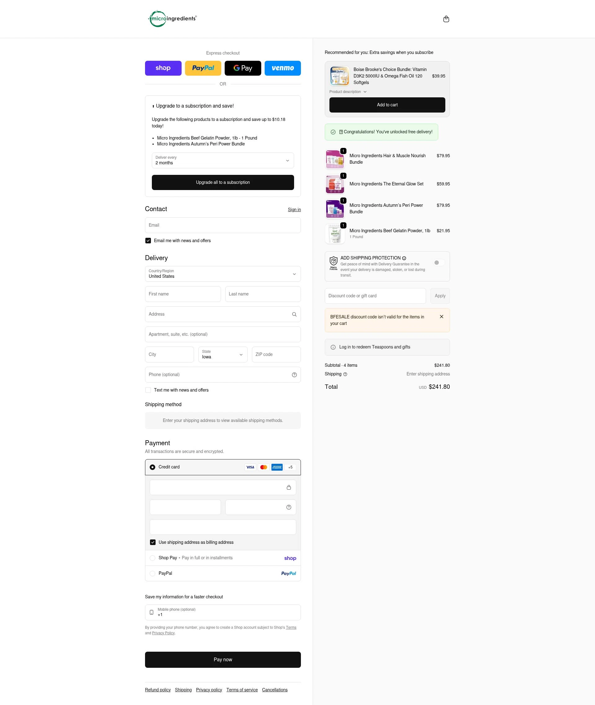 Micro Ingredients checkout page showing Micro Ingredients discount code box | Screenshot taken by SimplyCodes community member on Feb 10, 2026