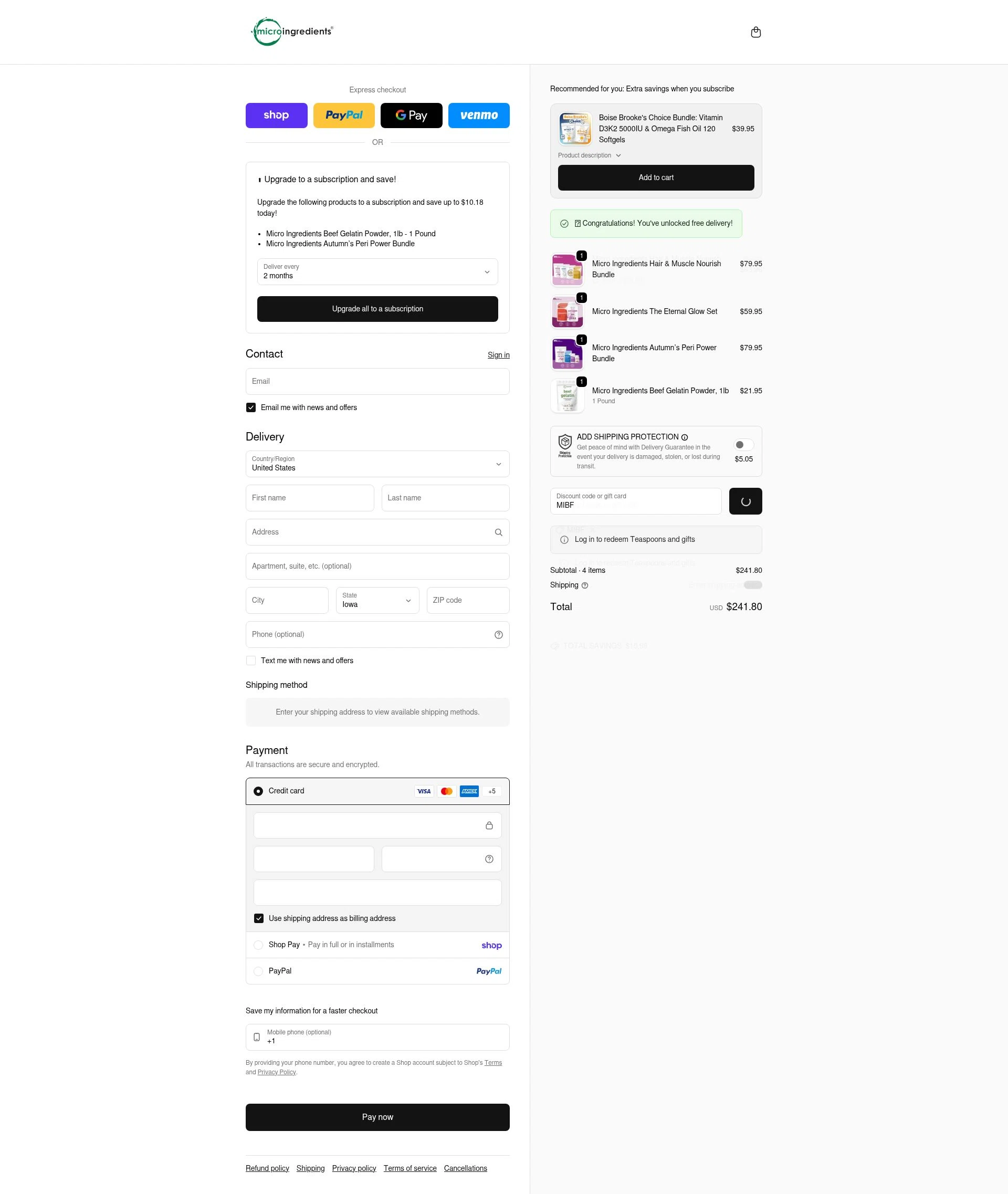 Micro Ingredients checkout page showing Micro Ingredients discount code box | Screenshot taken by SimplyCodes community member on Feb 8, 2026