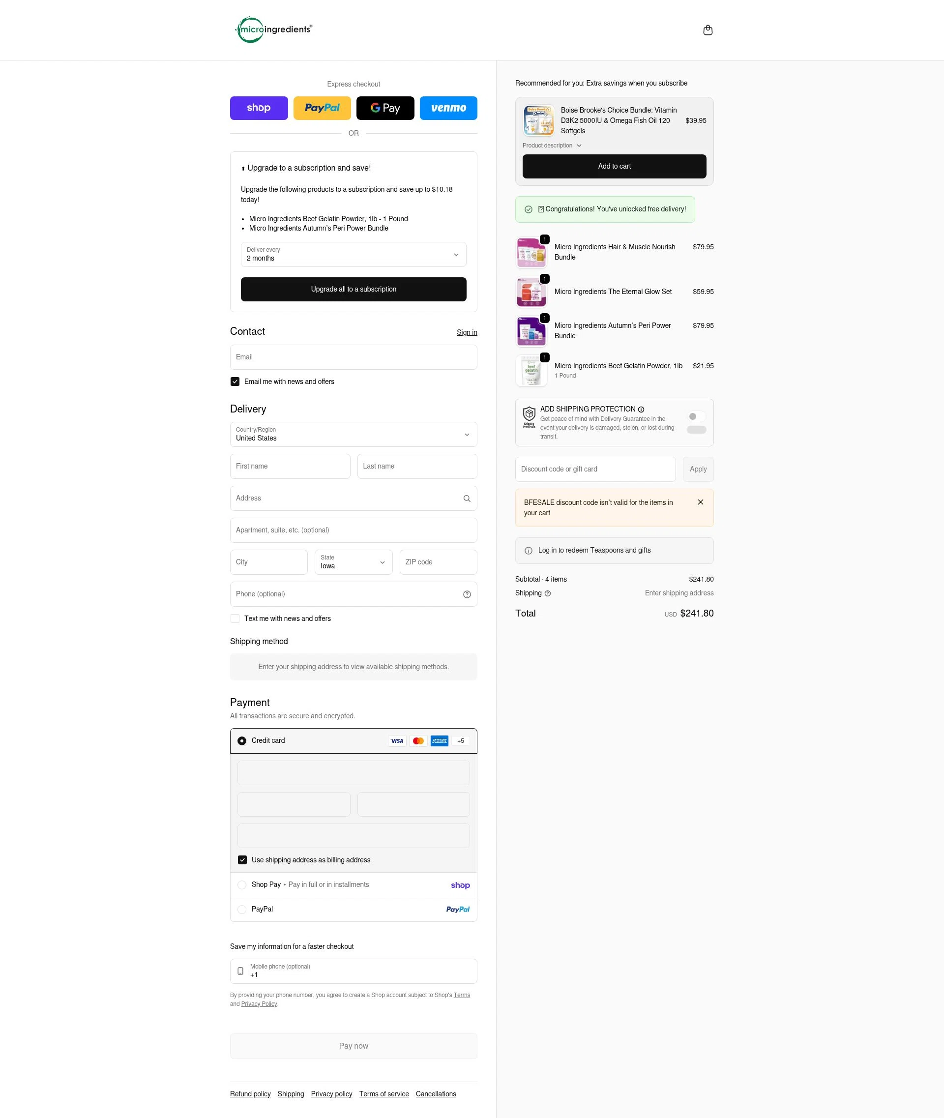 Micro Ingredients checkout page showing Micro Ingredients discount code box | Screenshot taken by SimplyCodes community member on Feb 9, 2026