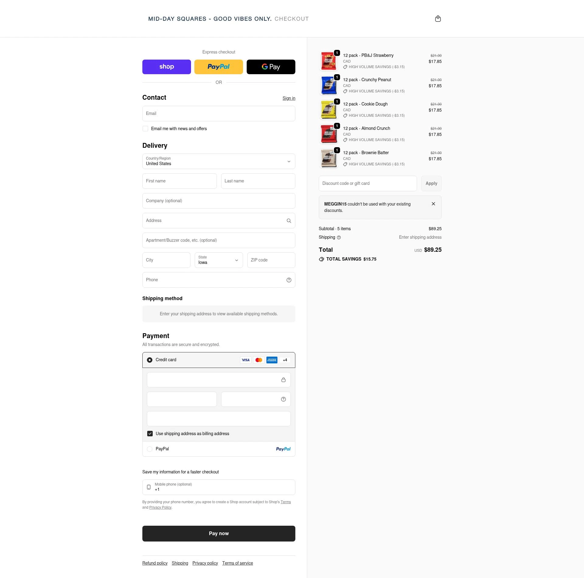Mid-Day Squares checkout page showing Mid-Day Squares promo code box | Screenshot taken by SimplyCodes community member on Feb 6, 2026