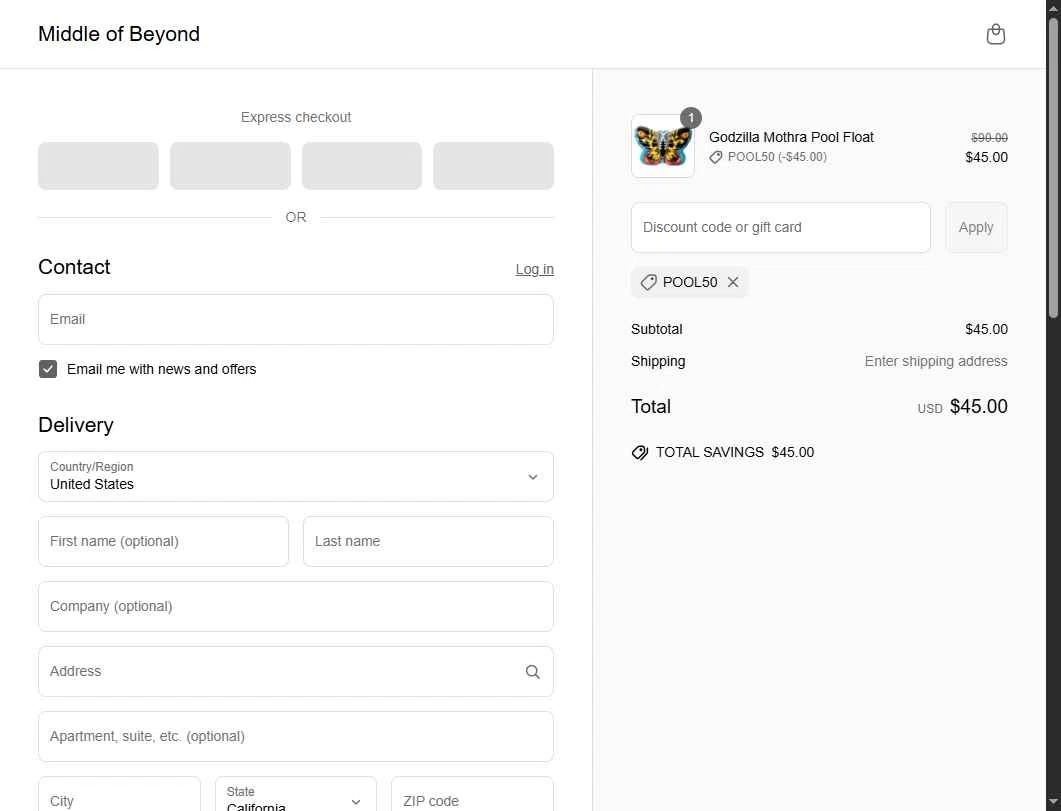 Middle of Beyond checkout page showing Middle of Beyond discount code box | Screenshot taken by SimplyCodes community member on Jun 20, 2025