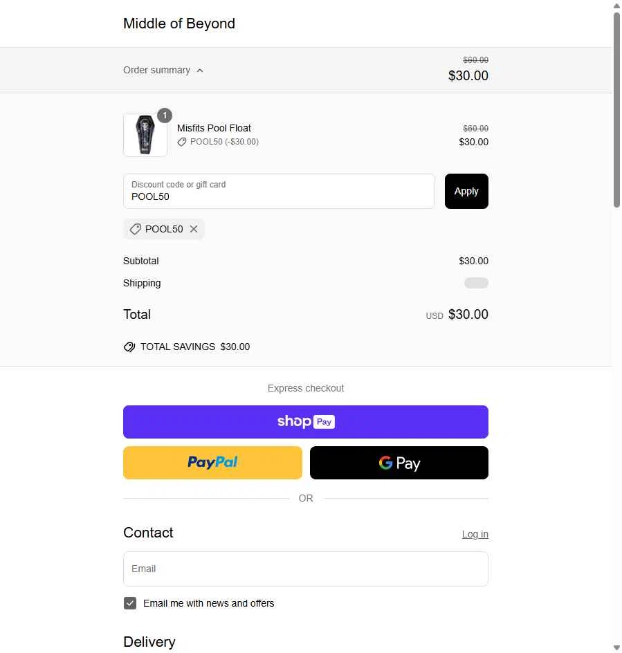 Middle of Beyond checkout page showing Middle of Beyond discount code box | Screenshot taken by SimplyCodes community member on Jun 20, 2025