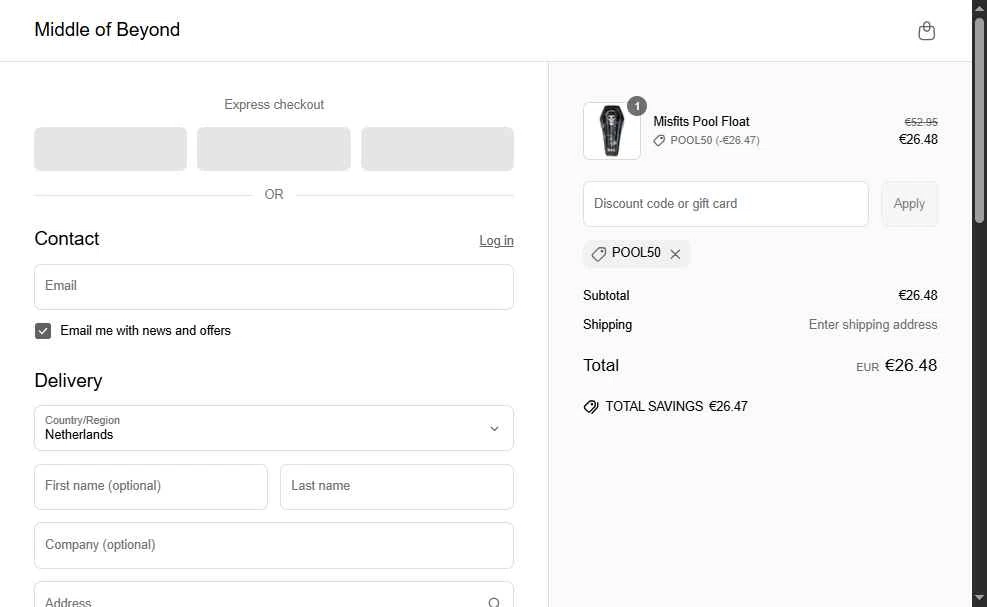 Middle of Beyond checkout page showing Middle of Beyond discount code box | Screenshot taken by SimplyCodes community member on Jun 20, 2025