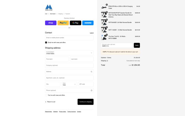 Midland checkout page showing Midland promo code box | Screenshot taken by SimplyCodes community member on Sep 4, 2025