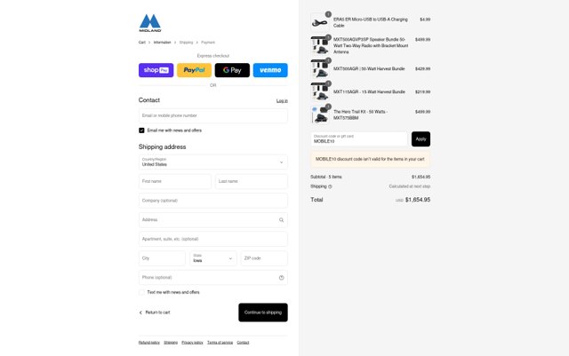 Midland checkout page showing Midland promo code box | Screenshot taken by SimplyCodes community member on Aug 26, 2025